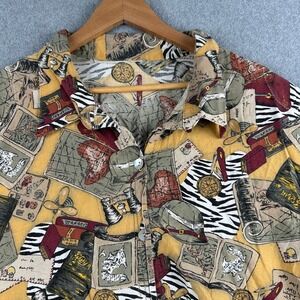 Safari Button Down Shirt Mens XL Yellow Safari Adventure Map Print Short Sleeve